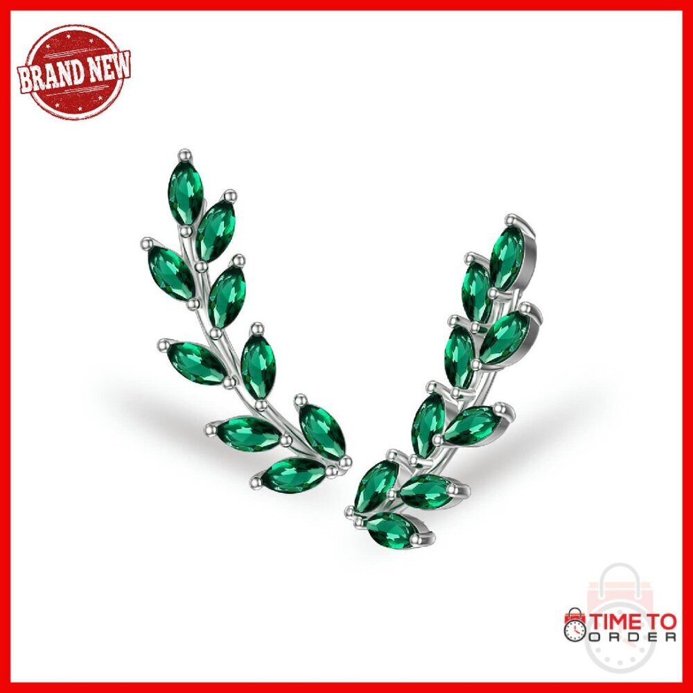 925 Sterling Silver Ear Climber Earrings with Emerald Zircon May Birthstone